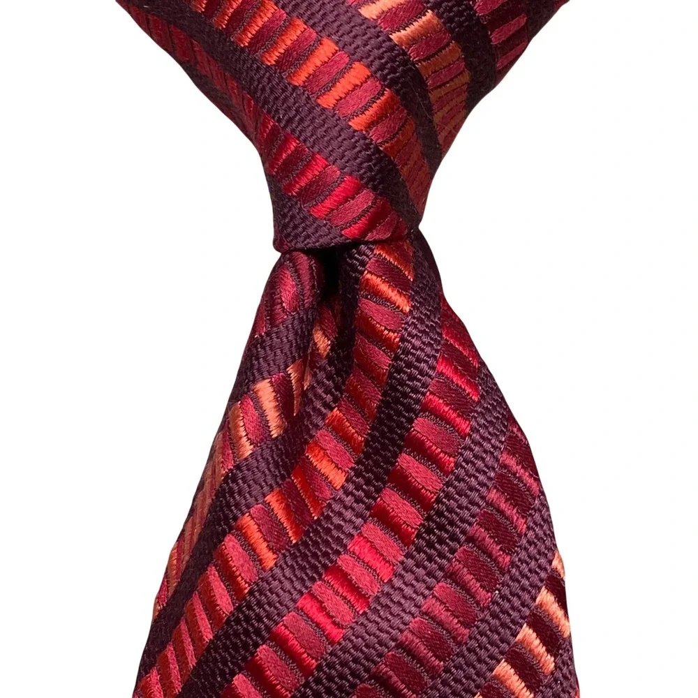 Salvatore Ferragamo Silk Necktie Geometric Stripe Italy Burgundy Orange Luxury